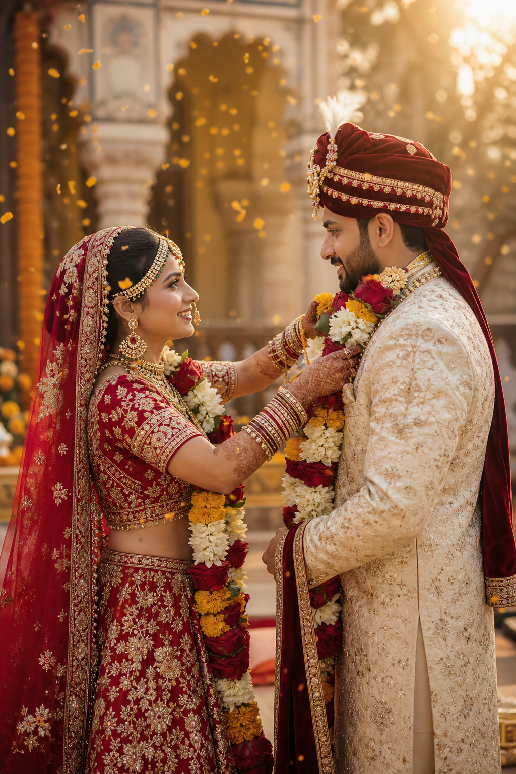 Indian bride and groom exchanging jaymala flower garlands at a Hindu wedding